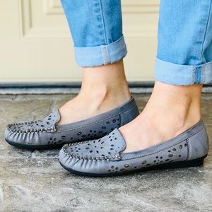 Stone Gray Lasercut Stitched Moccasin Loafer Flats